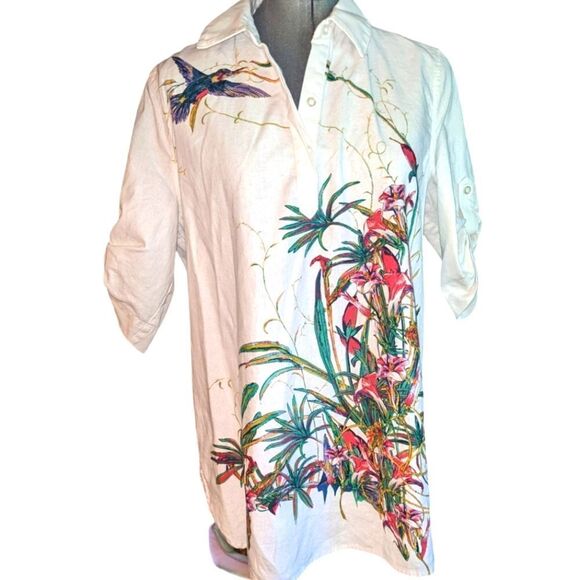 Peck & Peck‎ white floral print linen top with hummingbirds - Picture 1 of 7